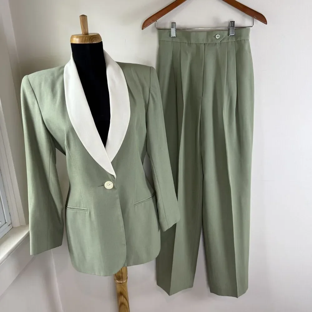 Vintage 90s Sage Green Power Suit Set | High Waisted Trousers Shawl Collar